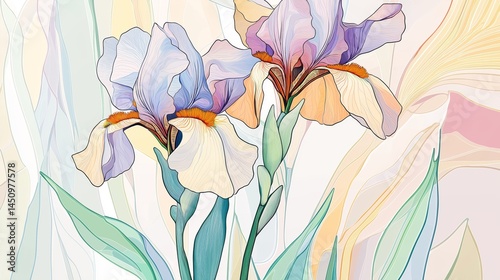 Artistic Watercolor Iris Flowers with Soft Pastel Shades and Stylized Background – Elegant Botanical Illustration for Decorative Design