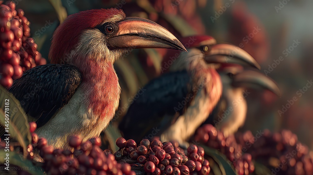 Naklejka premium Vibrant Birds Amidst Berries A Stunning Wildlife Scene with Detailed Feathers and Natures Pal