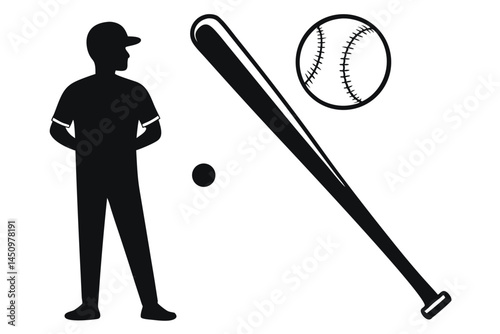 Baseball Bat and Baseball Outline and Silhouette Clipart Set