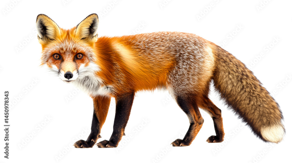 Fototapeta premium Alert red fox stands attentively, cut out transparent