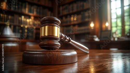 Wooden gavel on a table in a library