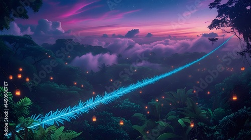 Vibrant Fantasy Forest at Dusk with Floating Lights and Blue Line