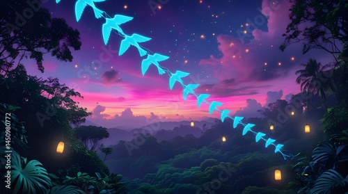 Vibrant Fantasy Forest at Dusk with Floating Lights and Blue Line