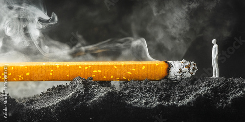 Large burning cigarette emits smoke, miniature figure stands nearby, dark ash background, symbolizing health consequences of smoking