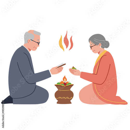 Senior couple during ritual - elderly pair performing traditional ceremony, their wise faces illuminated by soft candlelight, atmosphere of spiritual connection and age-old traditions.