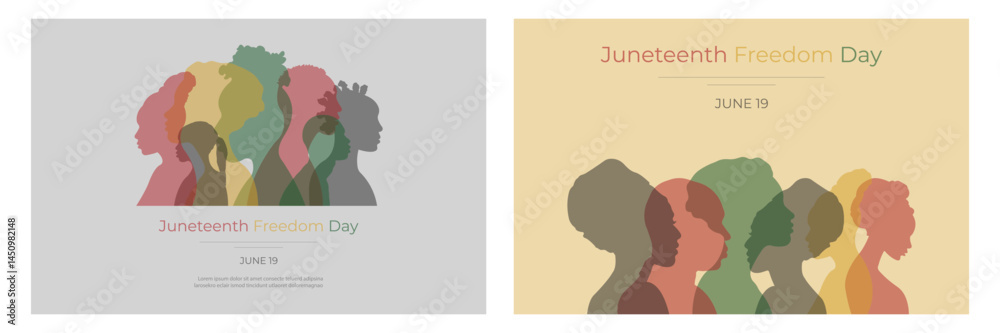 Juneteenth Freedom Day.A set of cards with silhouettes of black African and African-American men and women.Ethnic group.Vector illustration. Juneteenth Freedom Day.A set of cards with silhouettes of black African and African-American men and women.Ethnic group.Vector illustration.