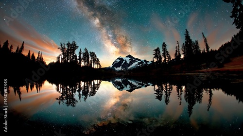 Starry night sky reflecting in calm lake with mountain silhouettes