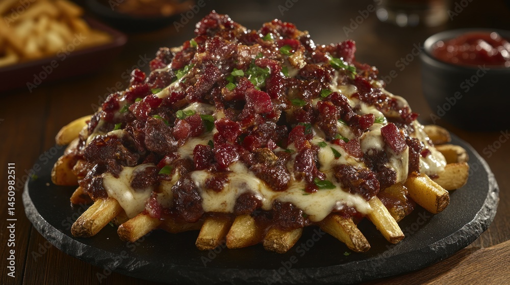 Loaded french fries topped with savory meat and melted cheese Loaded french fries topped with savory meat and melted cheese