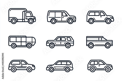 Vehicle icons; delivery, transportation, SUV, minivan, bus; white background; website design
