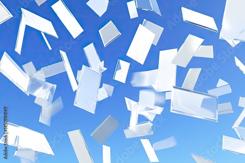 Abstract shapes, light gray and white, falling against a bright blue sky.  Pieces of various geometric forms are dispersed in mid-air