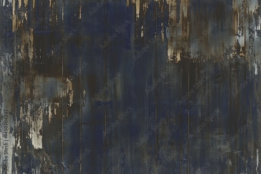 Fototapeta premium Deep blue and brown textured background resembling aged, metallic wood. Vertical lines and distressed paint effect