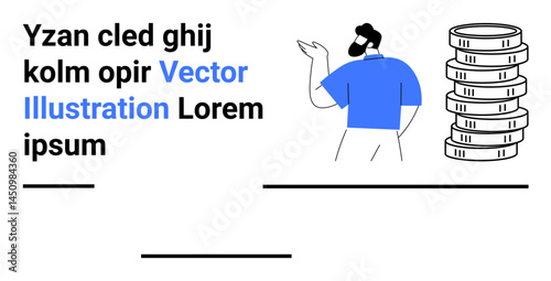Bearded man in blue shirt gesturing to stacked coins beside placeholder text. Ideal for finance, investment, economics, savings, presentations, business planning, simple landing page