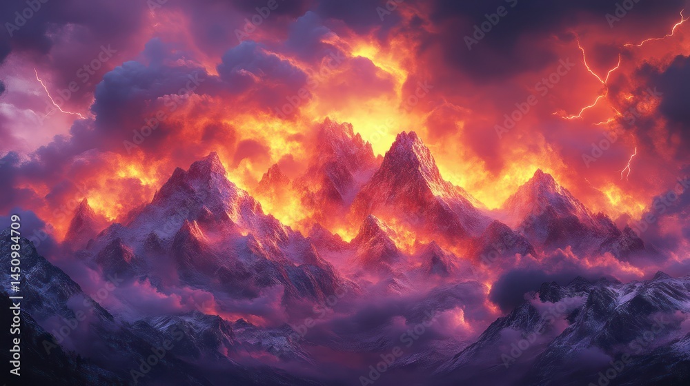 Fototapeta premium Epic Mountain Range Illuminated by Fiery Sky and Lightning Natures Spectacular Display of Pow