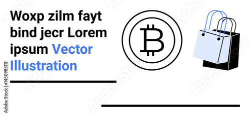 Bitcoin logo and shopping bags represent cryptocurrency payment in commerce. Ideal for finance, blockchain use, e-commerce, retail trends, digital payments, investing insights, flat landing page