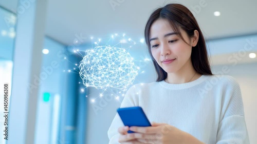 Young woman interacts with smartphone, exploring technology and innovation in a modern setting