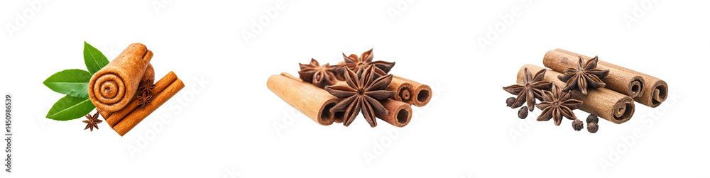 Three groups of cinnamon sticks with star anise. cut out transparent Three groups of cinnamon sticks with star anise. cut out transparent