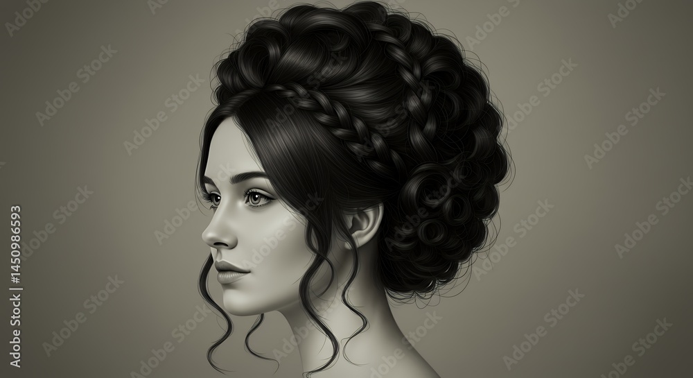 Elegant woman profile with intricate updo Elegant woman profile with intricate updo