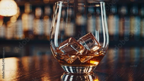Whisky Glass with Ice on Wooden Bar in Warm Ambient Light