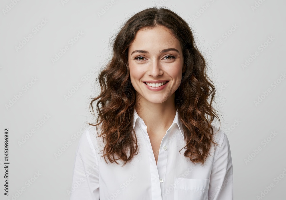 Portrait of a smiling woman with curly hair wearing a white shirt against a gray background Portrait of a smiling woman with curly hair wearing a white shirt against a gray background