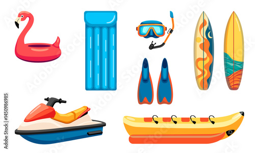 A colourful set of water fun items, perfect for beach and summer designs. Includes inflatable boats, surfboards, jet skis and scuba diving gear.