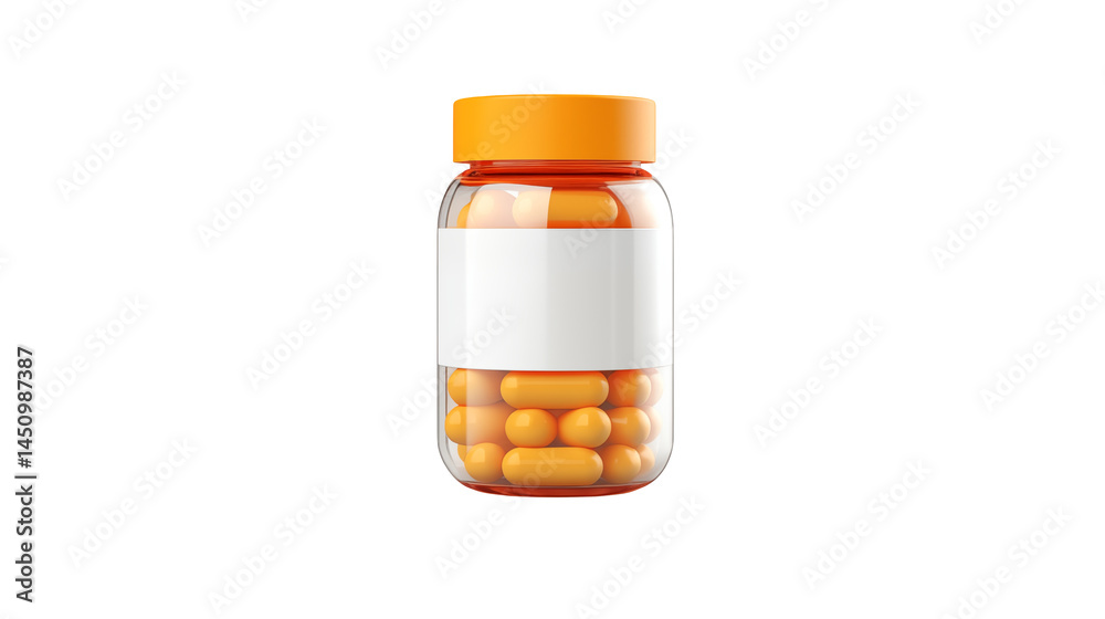 Clear bottle filled with orange capsules and a blank white label wrap isolated on transparent background Clear bottle filled with orange capsules and a blank white label wrap isolated on transparent background
