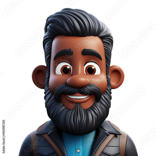 Friendly Cartoon Character with Beard and Dark Hair Smiling, Isolated on transparent background