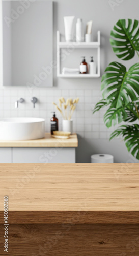 Modern Bathroom Haven: Serene Decor, Wooden Counter, Fresh Style & Cozy Ambiance - Perfect for Relaxing Home Inspiration!