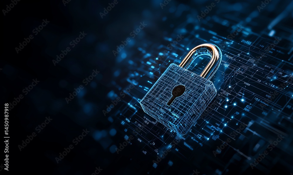 A futuristic digital padlock symbolizing cybersecurity, featuring a golden shackle against a backdrop of glowing blue data streams, representing data protection and security.