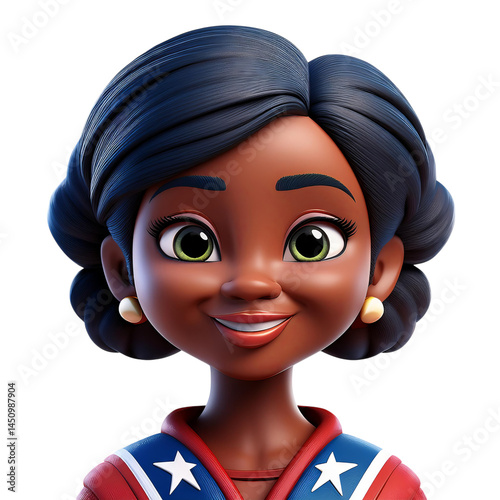 Cheerful animated girl in red white and blue outfit with hairstyle, Isolated on transparent background