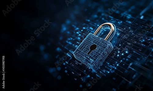 Obraz na płótnie A futuristic digital padlock symbolizing cybersecurity, featuring a golden shackle against a backdrop of glowing blue data streams, representing data protection and security. w salonie