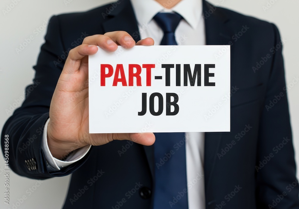 Man in suit holding a sign that says part-time job Man in suit holding a sign that says part-time job