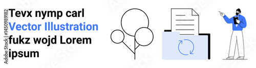 Man reviewing document synchronization status on file folder icon. Ideal for workflow, teamwork, organization, cloud storage, content management, progress, simple landing page