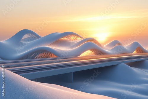 Snowy futuristic highway at sunrise