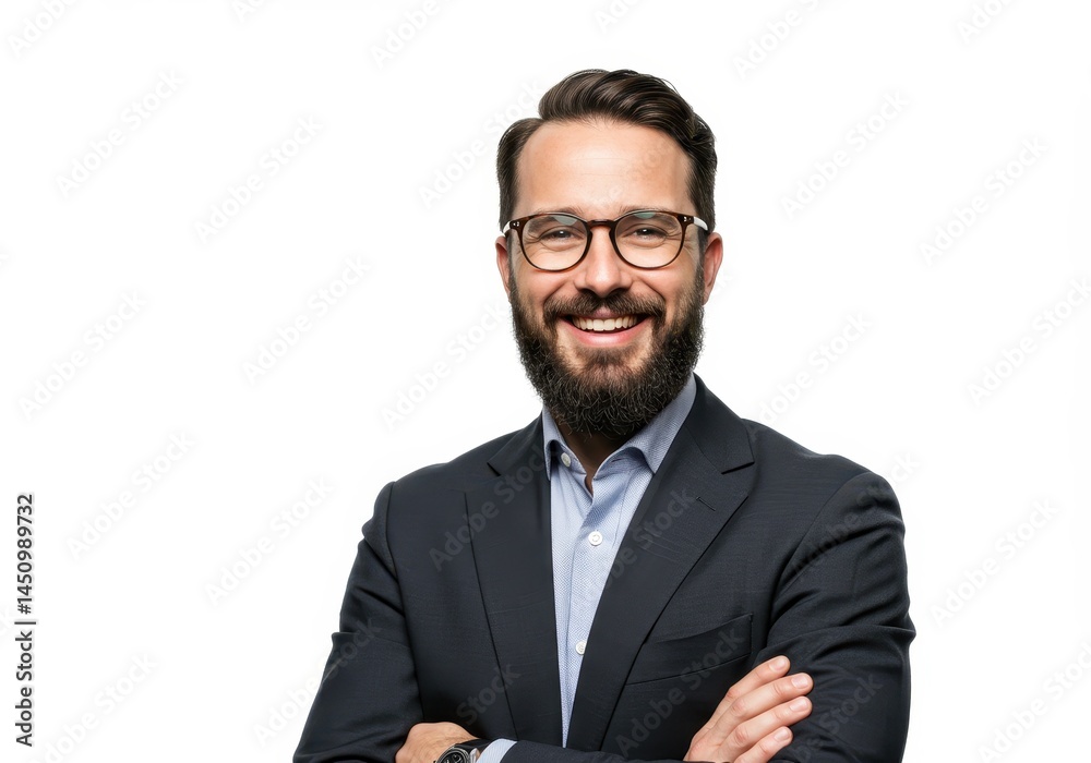 Smiling man with beard and glasses in suit stands with arms crossed on white background Smiling man with beard and glasses in suit stands with arms crossed on white background