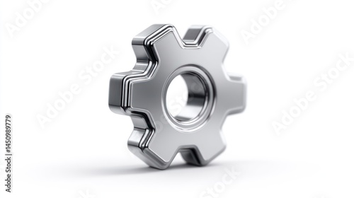 3D Rendered Metallic Gear Icon on White Background for Technology and Settings Themes