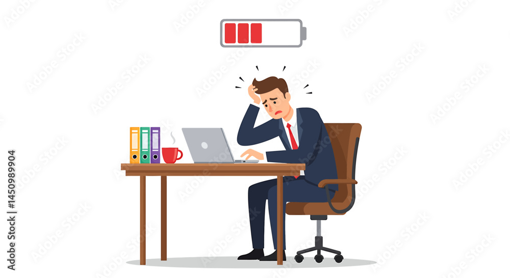 Man with low battery in flat vector style. Exhausted office worker with a drained battery symbol. Work stress and burnout concept