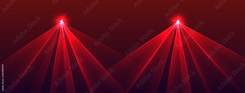 Red lasers background., glowing rays or neon beams, bright futuristic backdrop. Concert or nightclub spotlights. Vector illustration.