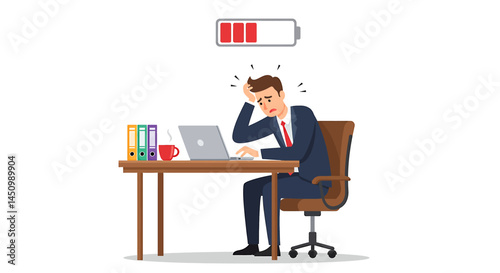 Man with low battery in flat vector style. Exhausted office worker with a drained battery symbol. Work stress and burnout concept
