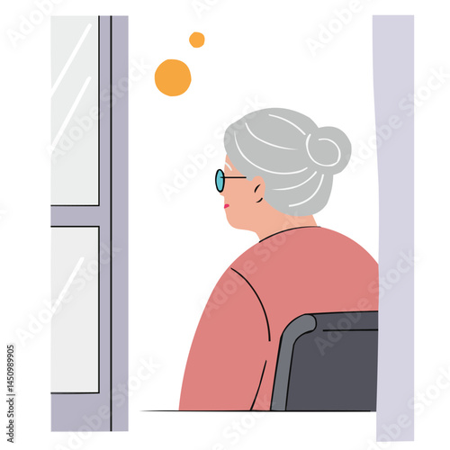 Elderly woman staring out window - thoughtful senior woman gazing through window, her wrinkled face bathed in soft light, atmosphere of nostalgia and quiet reflection.