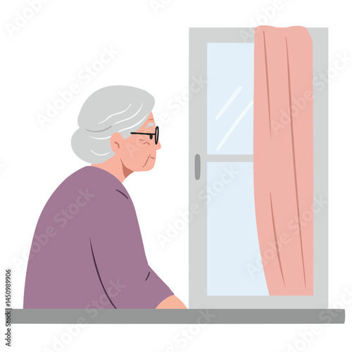 Elderly woman staring out window - thoughtful senior woman gazing through window, her wrinkled face bathed in soft light, atmosphere of nostalgia and quiet reflection.