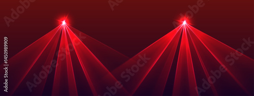 Obraz na płótnie Red lasers background., glowing rays or neon beams, bright futuristic backdrop. Concert or nightclub spotlights. Vector illustration. w salonie