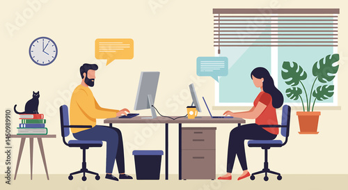 Flat vector illustration of people working remotely from home. Home office setup with computers, plants, and a cat. Freelance and online work concept