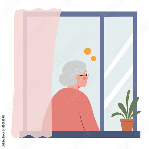 Elderly woman staring out window - thoughtful senior woman gazing through window, her wrinkled face bathed in soft light, atmosphere of nostalgia and quiet reflection.