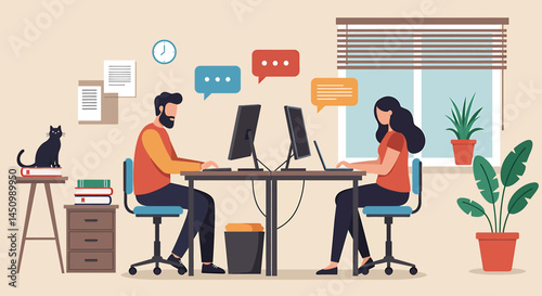 Flat vector illustration of people working remotely from home. Home office setup with computers, plants, and a cat. Freelance and online work concept