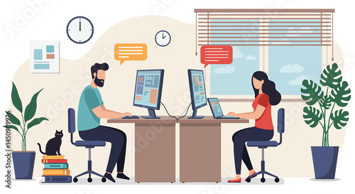 Flat vector illustration of people working remotely from home. Home office setup with computers, plants, and a cat. Freelance and online work concept