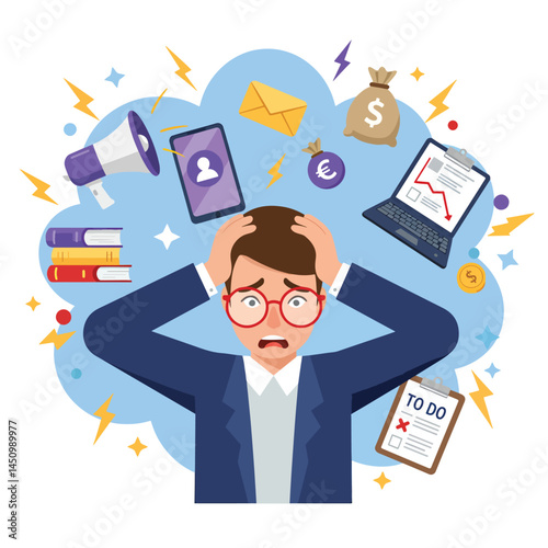 Adobe Illustrator Artwork Overwhelmed man in flat vector style. Businessman stressed with work, deadlines, and pressure. Emotional burnout concept