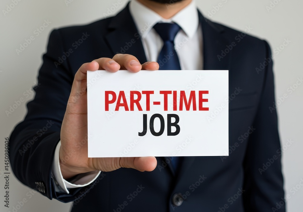 Man in suit holding card with text part-time job in red and black fonts Man in suit holding card with text part-time job in red and black fonts