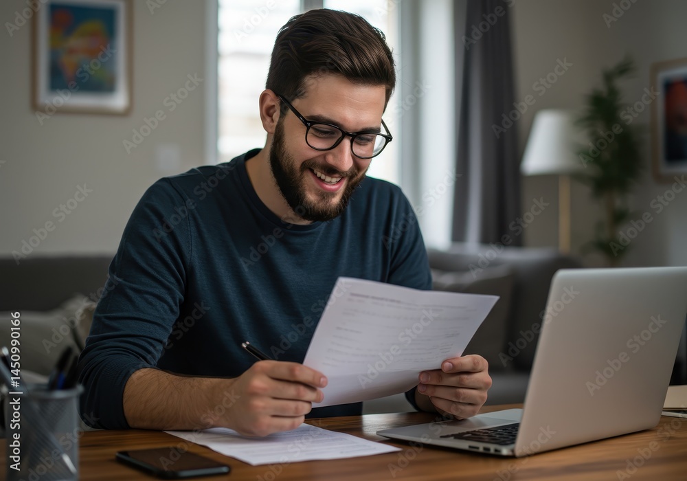 Smiling man reviews paperwork at desk with laptop in home office setting Smiling man reviews paperwork at desk with laptop in home office setting