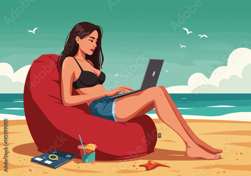 Adobe Illustrator Artwork Woman working on laptop at the beach. Flat vector illustration of a woman in swimwear working remotely on a laptop while relaxing on a beach chair