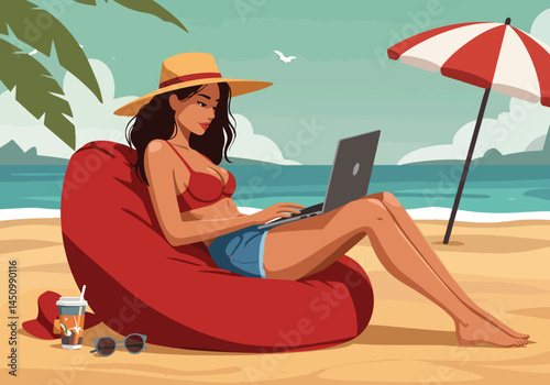 Adobe Illustrator Artwork Woman working on laptop at the beach. Flat vector illustration of a woman in swimwear working remotely on a laptop while relaxing on a beach chair